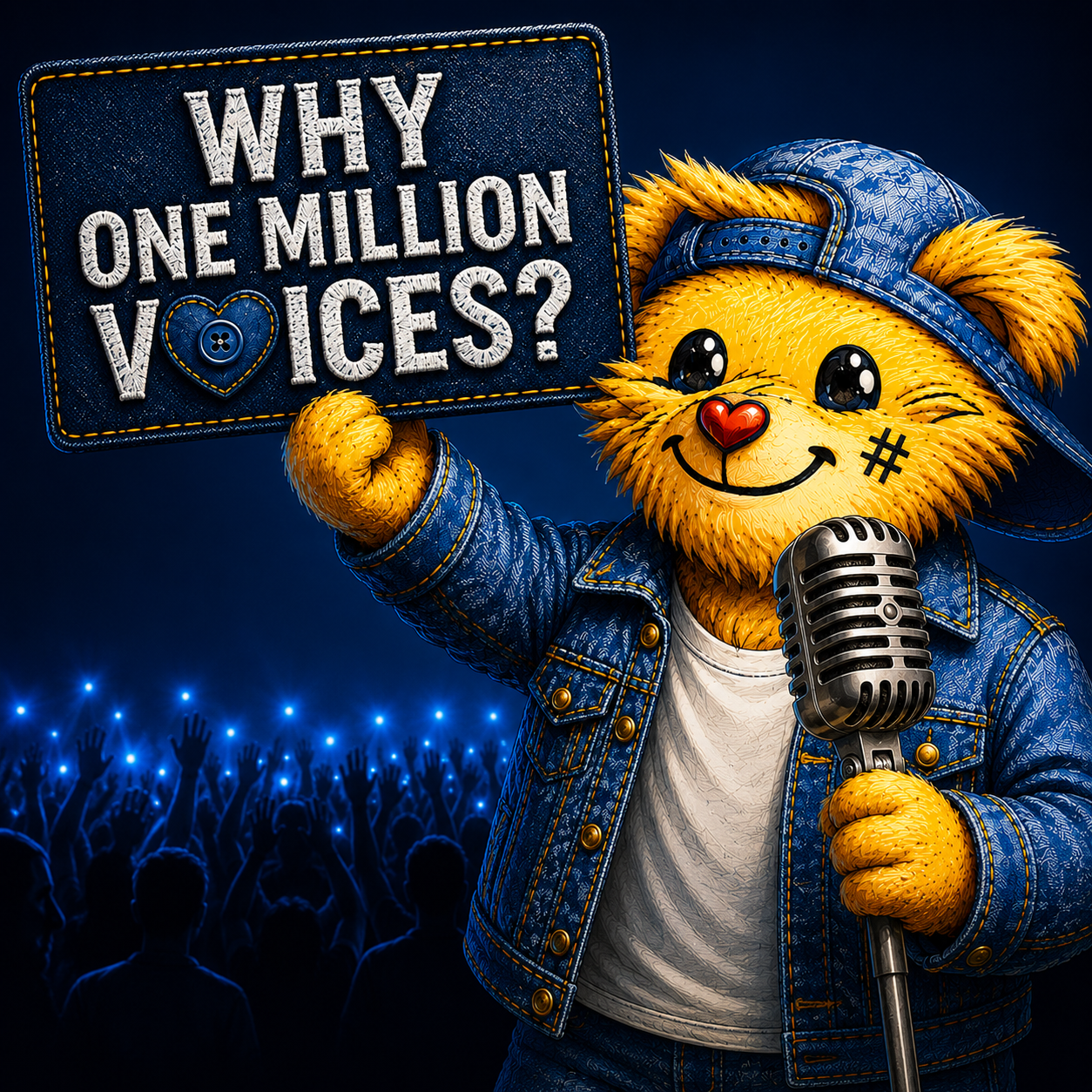 Why One Million Voices artwork with teddy bear and sign